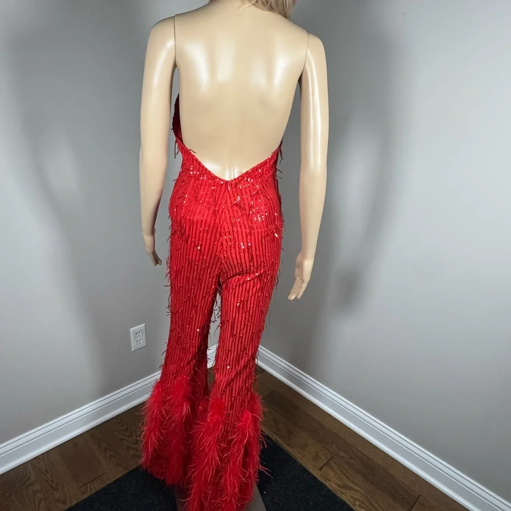 AKIRA NWT Red Sequin Feather Flare Jumpsuit Backless Halter Glam Party Small - Picture 5 of 7